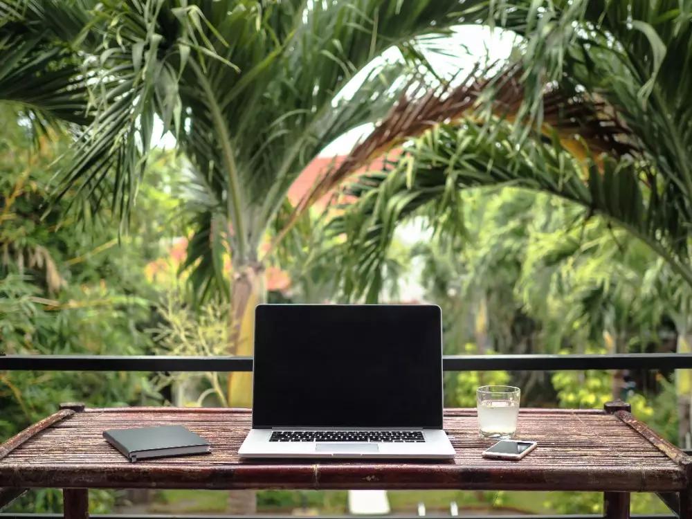 A cozy outdoor work remote setup surrounded by tropical nature.