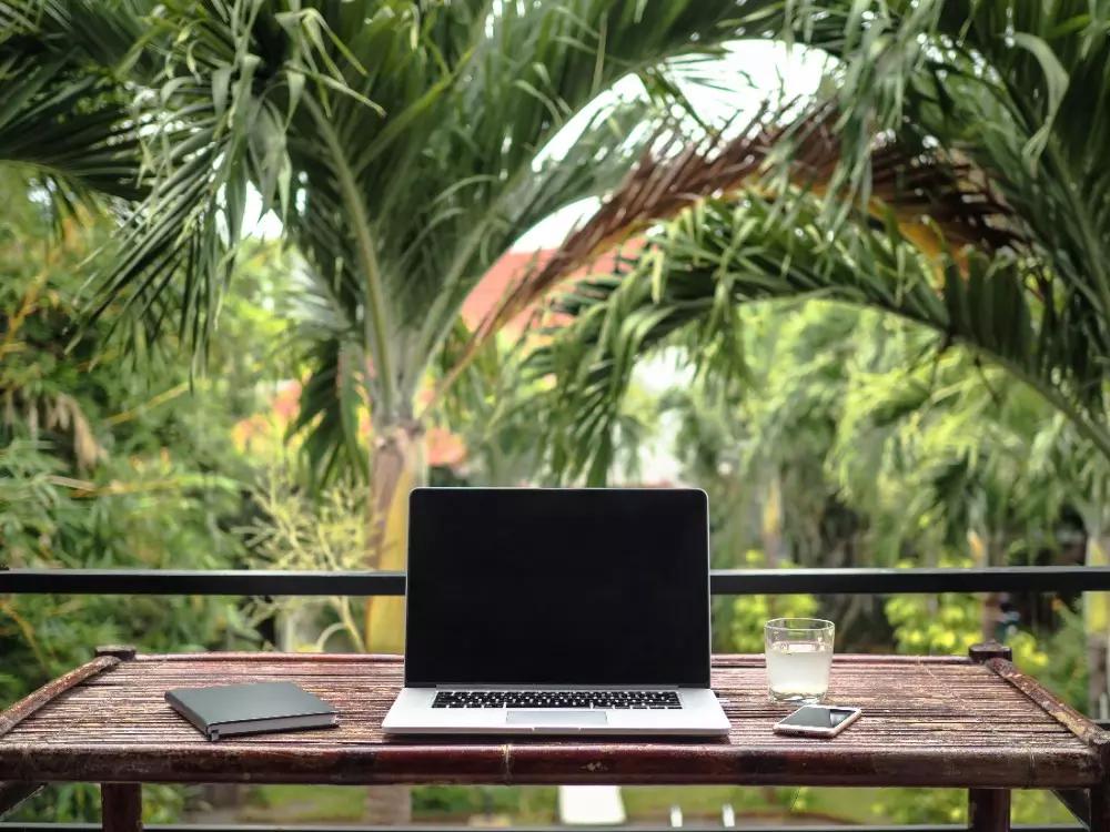 A cozy outdoor work remote setup surrounded by tropical nature.